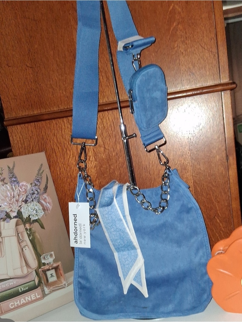 AHDORNED Blue Suede Shoulder Bag with Removable Strap and Chain Detail